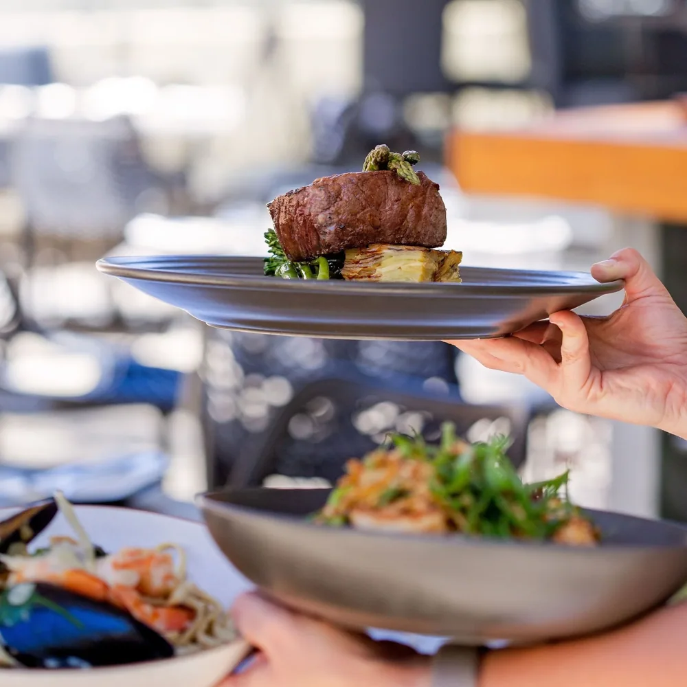 Charred beef fillet with prawns